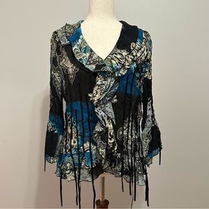 Agora Deep Teal Blue Ruffled Bell Sleeve Blouse